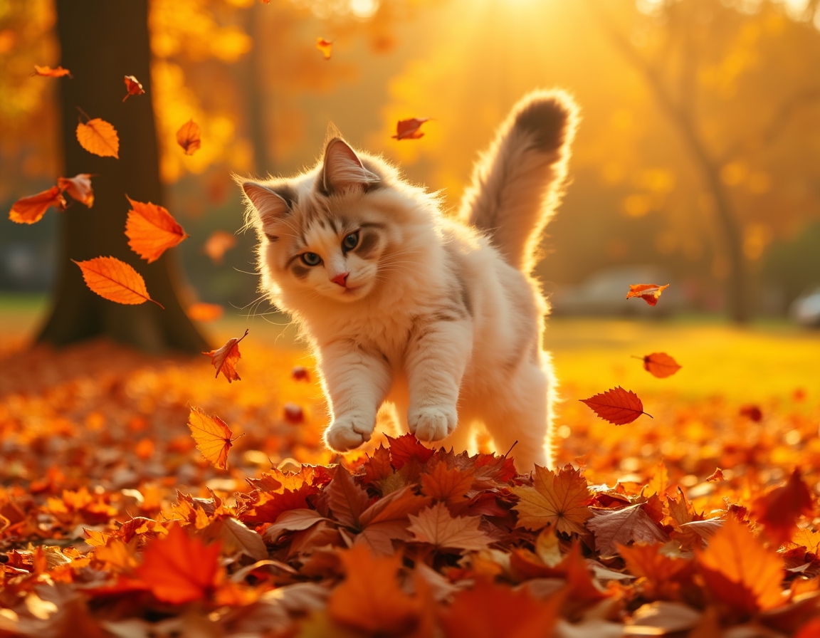 Cat jumps joyfully into a pile of autumn leaves, scattering vibrant colors and radiating playful energy.